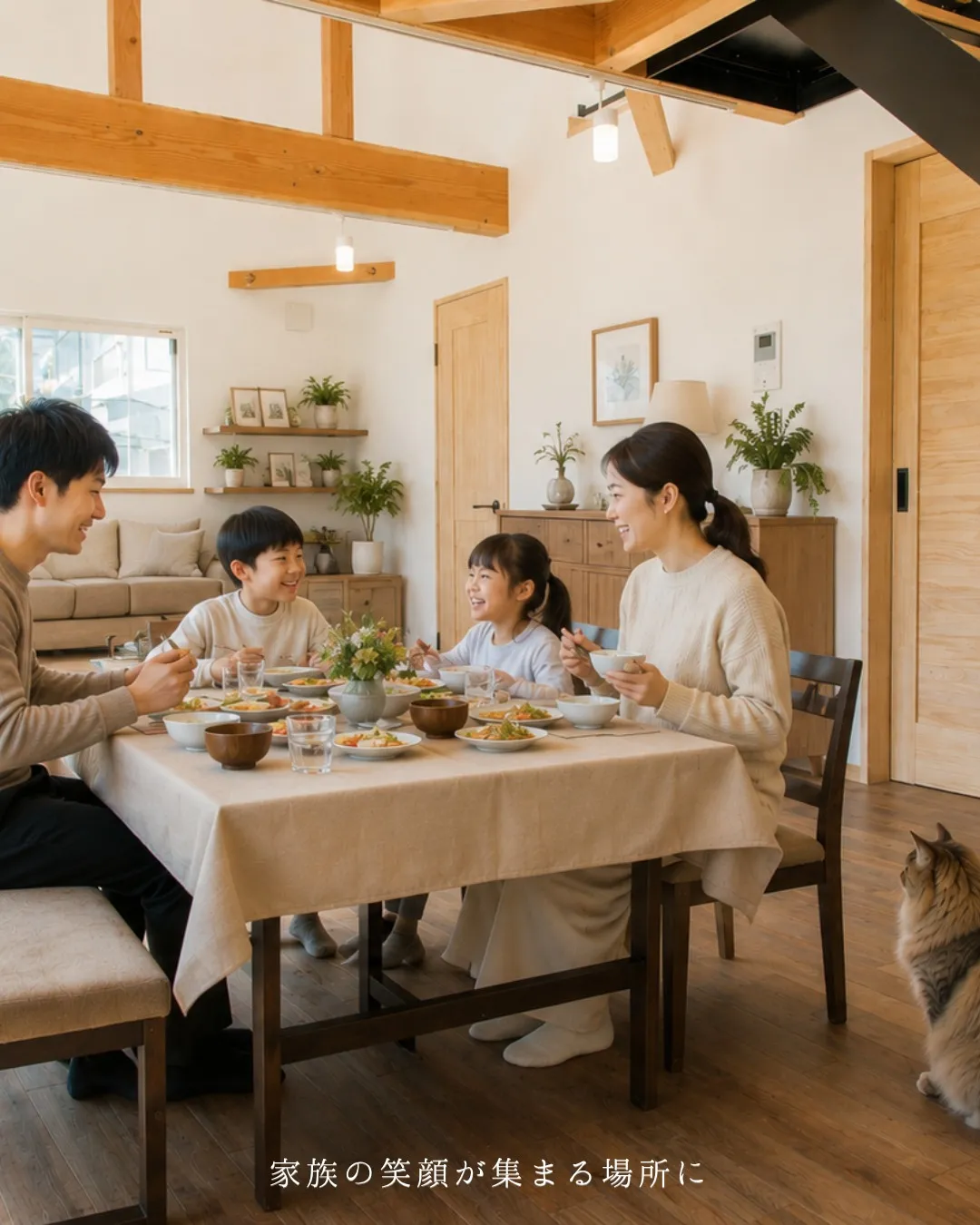 家族が自然と集まる、光いっぱいのリビング。